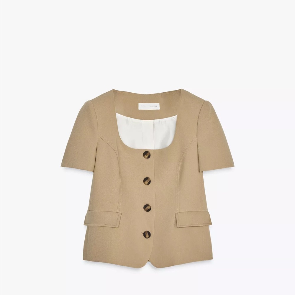 Zara Beige Short Sleeve Button Top
